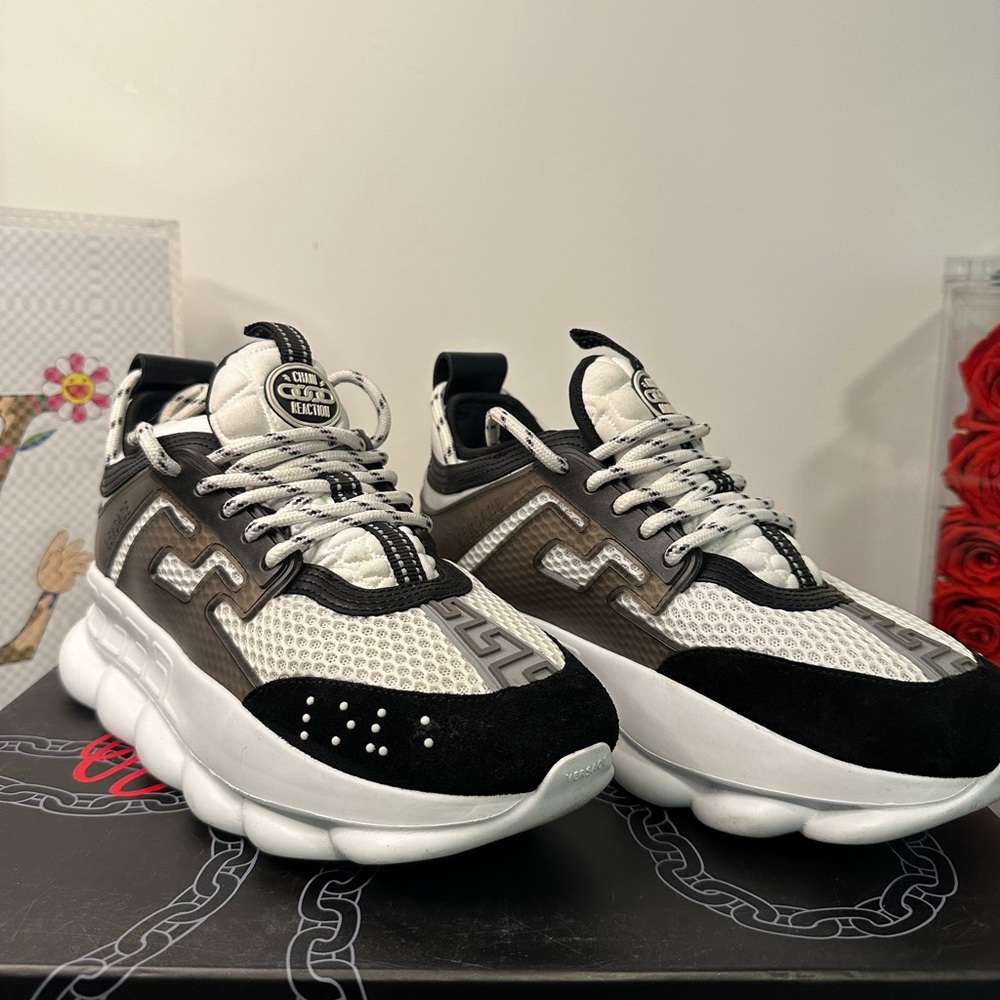 Versace Black and White Chain Reaction Sneakers ; like new